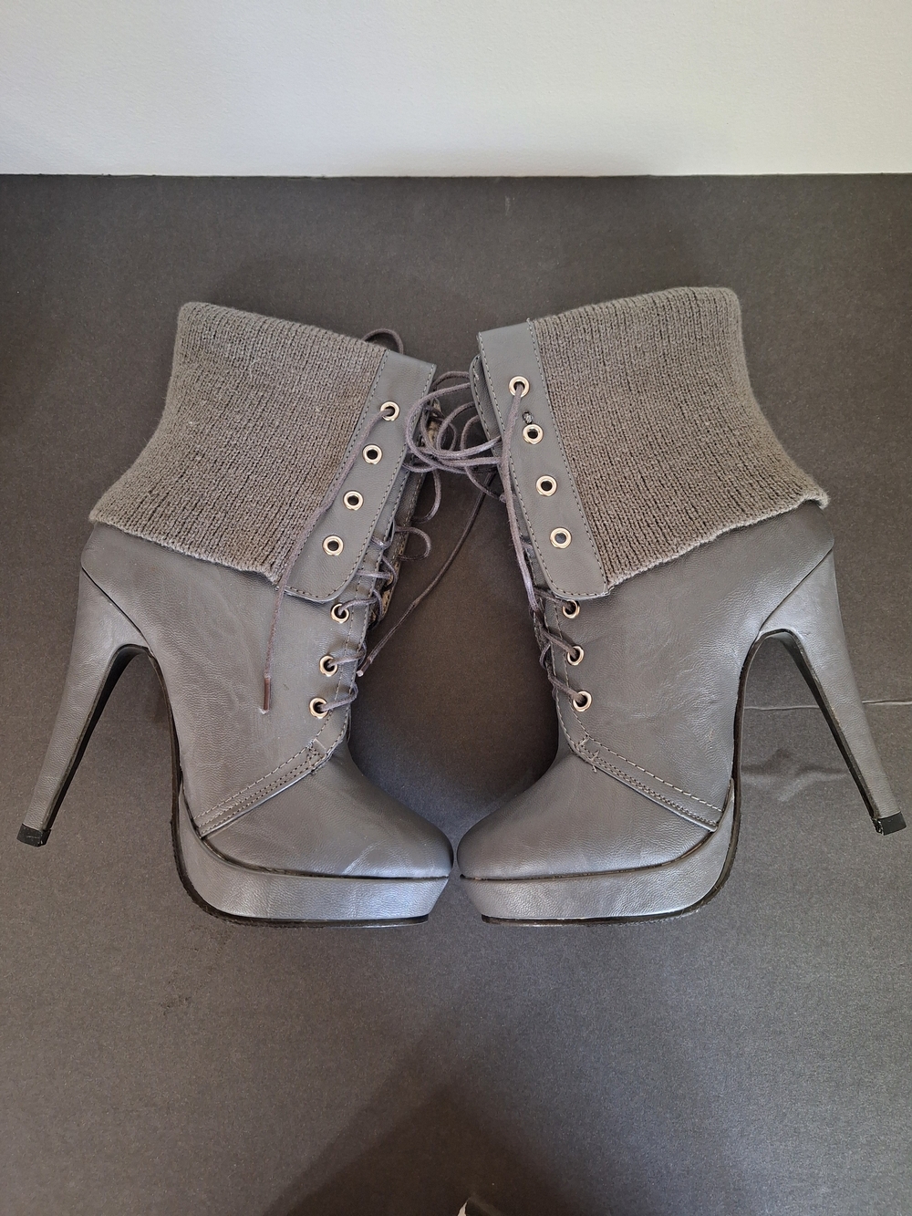 Gray Lace-Up Knit Cuff High Heel Ankle Boots